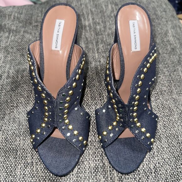Tabitha Simmons Celia Studded Denim Slide Mule Sandals Brand Size 40 (US 9.5) - Picture 1 of 11